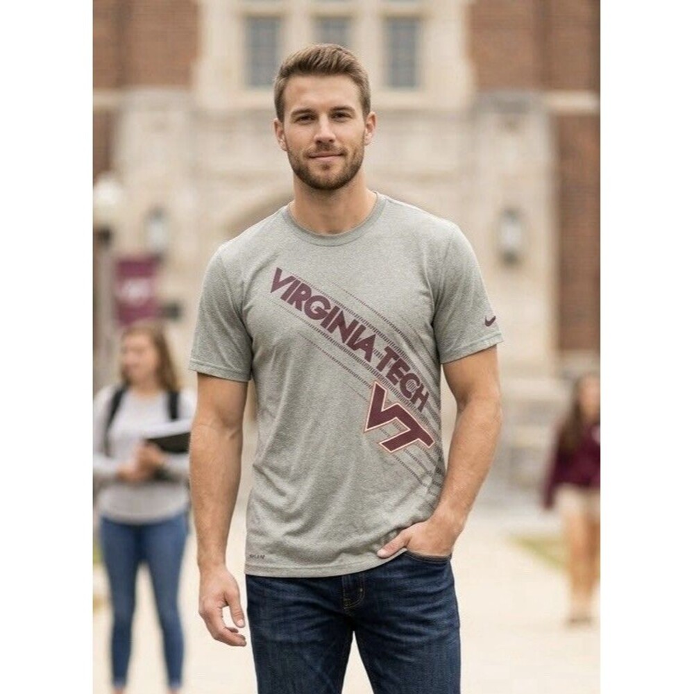 Nike Men M Virginia Tech Hokies Dri-FIT Shirt Green Diagonal Logo Tee